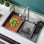 DOLANTO 30 x 18 x 9 inches Waterfall Kitchen Sink with ANTI SCRATCH HONEYCOMB DESIGN Integrated Waterfall and Pull-down Faucet Set/304 Grade Stainless Steel Sink with Cup washer and Drain Baskets.