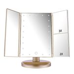 deweisn Lighted Vanity Makeup Mirror with 3X/2X/1X Magnification, 21 LED Lights and Touch Screen Dimmable Mirror, Two power Supply Mode Tabletop Makeup mirror,Travel Cosmetic Mirror(Gold)