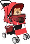 PawHut Pet Stroller with Reflective Strips, Foldable Cat Stroller with 360° Swivel Wheels, Brake and Washable Mat for Small Dogs and Cats, Red