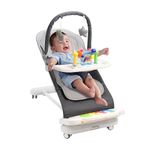 Baby Bouncer with Detachable Piano Toys, Baby Rocker with Feeding Tray, Removable Toy Bar, Thickened Cushion and Wheels. 4-Level Adjustable Bouncer Chair for Infants 0-18 Months (Light Grey)