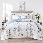 Botanical Quilt Set 3 Pieces Full/Queen Size, Blue Flower Branch on White Reversible Bedspread Coverlet Set, Soft Microfiber Lightweight Bed Cover for All Season (90" x 90", 1 Quilt+ 2 Pillow Shams)