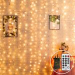 CORST 2MX2M Curtain Lights Plug in, 204LED Window Curtain Light Backdrop Indoor Fairy Lights for Room,Hanging Waterfall Light with Remote Timer,Linkable,Waterproof for Wall Gazebo(Warm White)