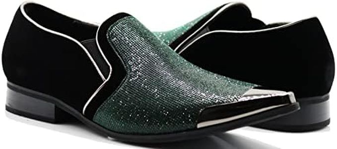 Crisiano Men Stage Fashion Sparkle Rhinestone Suede Metal Chrome Toe Designer Dress Loafers Slip On Shoes Classic Tuxedo Dress Shoes (9.5 D(M) US, Olive)