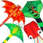 4 Pack Kites - Large Fire Dragon Kite Green Snake Devil Fish Red Mollusc Octopus with Long Colorful Tail for Kids Adults Outdoor Game Activities
