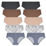 Rene Rofe 10 Pack - Sophie B - Seamless No Show Panties Soft Stretch Hipster Multi Packs Invisibles Briefs Underwears, Navy/Brown, L