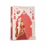 VESTTA -ELEGANCE REDEFINED Gift Paper bag, Extra Large Vertical, 12 (L) x 5 (B) x 17 Inch (H), Dulha Dulhan Print for Weddings, Engagements, Bridal Showers, Anniversaries with Gift Tags, Orange