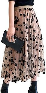 Women Tutu Tulle Skirt Elastic High Waist Layered Skirt Floral Print Mesh A-Line Midi Skirt (Khaki, One Size)