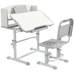 ZONEKIZ Kids Desk and Chair Set, Height Adjustable Children School Study Table with Drawer, Bookshelf, Adjustable Angle Tabletop, Non-slip Mat, for Ages 6-12 Years - Grey