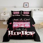 Erosebridal Hip Hop Bedding Set Queen for Girls Pink Radio Comforter Set, Hippie Duvet Insert Girly Love Hearts Print Down Comforter, Black and Pink Bedding Comforter Sets Musician Popstar Room Decor