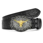 JASGOOD Western Leather Buckle Belt for Men Women Floral Engraved Cowboy Belt Longhorn Bull Buckle Waist Belt for Jeans Pants,B-Black,Fit Waist Size 35"-38"