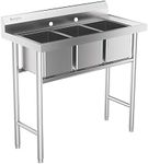 Bonnlo 3-Compartment 304 Stainless Steel Utility Sink Commercial Grade Laundry Tub Culinary Sink for Outdoor Indoor, Garage, Restaurant, Kitchen, Laundry/Utility Room - 39” W x 18” D x 40.2” H