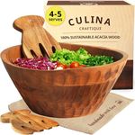 Culina Craftique Wooden Salad Bowl - Large serving bowl set with jute placemats and serving utensils - 11 inch Acacia wood fruit bowl for kitchen counter - modern, farmhouse kitchen decor