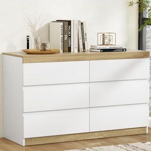 Artiss Chest of Drawers with 6 Drawer, Oak Wood Dresser Tallboy Storage Cabinet Board Side Tables Desk, Floor Stand Nightstand Cabinets, Bedroom Living Room Home Furniture White