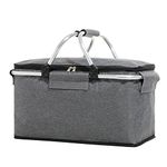 Large Size Insulated Picnic Basket, Foldable Cooler Bag, Waterproof Lining Cool Hamper Shopping Basket Bag Box for Camping, Hiking, Picnicking, Lake Trips, Family Vacations,-Keeps Food Cold (Gray)