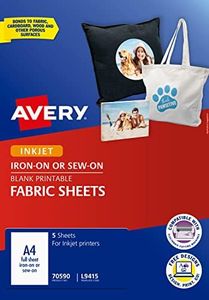 Avery Iron or Sew-On A4 Printable Fabric Sheets, for Inkjet Printers, Blank, 5 Sheets (70590)