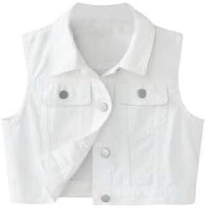 SweatyRocks Girl's Denim Vest Button Down Sleeveless Jean Jacket Outerwear with Pockets White 8Y