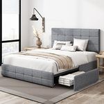 KEYLUV Modern Upholstered Bed Frame with 4 Drawers, Button Tufted Headboard Design, Solid Wooden Slat Support, Easy Assembly, Full Size, Grey