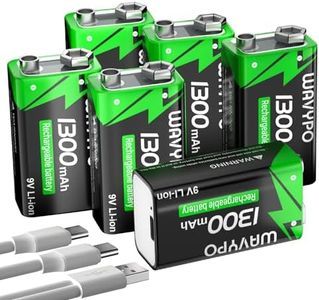 Rechargeable 9V Batteries, 1300mAh 9 Volt Lithium-ion Batteries Long Lasting 9V battery with 2 in 1 USB-C Fast Charging Cable for Smoke Detector Alarms, Microphone, Toys, walkie-Talkie etc (6 Pack)