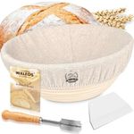 Walfos Round Banneton Proofing Basket Se t9"/23cm - French Style Sourdough Bread Basket, 100% Natural Rattan - Hand Crafted Bread Lame, Linen Cloth Liner & Dough Scraper Included, Professional Bakers