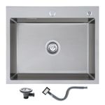 KEOKBON 304 Stainless Steel Kitchen Sink Handmade, 600 X 500 x 190 mm, Undermount Kitchen Sink Drop in, Topmount Single Bowl Outdoor Campervan Sink with Drainer Fittings, 1 Bowl, Satin Brushed Silver