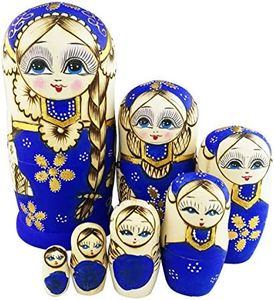 Set of 7 Blue Cute Little Girl with Big Braid Handmade Matryoshka Dolls Russian Nesting Dolls Wooden Kids Gifts Toy Gift Christmas Birthday New Year Present Home Decoration