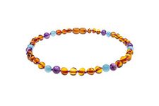 Genuine Amber Necklace from Baltic Sea Made with Polished Cognac Aquamarine and Amethyst 34 cm (13.4 Inches), Baltic-Amber