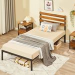 GreenForest Bed Frame Twin Size with Wooden Headboard Platform Bed with Metal Support Slats NO- Noise Heavy Duty Bed Industrial Country Style with 10 Strong Legs, Mattress Foundation, Twin