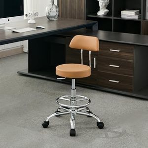 FIRAVOE Ergonomic Desk Stool(Sturdy Rolling Stool with Back)(Swivel Armless Office Chair 19.5’’-26.6’’) Adjustable Footrest Salon Chair (Camel Brown)