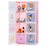 GYMAX Cartoon Clothes Closet, Portable Kids Wardrobe with Hanging Section, Children Storage Unit for Bedroom Nursery (Pink, 8 Cubes Space: 74 x 36 x 144cm)