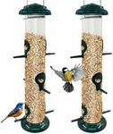 2Pack Metal Bird Feeders Hanging Tube for Garden – Wild Bird Seed Feeder with 6 Feeding Ports, Steel Hanger, Weatherproof Hanging Bird Feeder for Small Birds, Niger Seeds & More