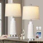 Ceramic Table Lamps Set of 2, Farmhouse Table Lamp with USB A+C Ports & AC Outle, 3-Way Dimmable Touch Control Bedside Nightstand Lamps for Living Room Bedroom End Table White(2 LED Bulb Included)