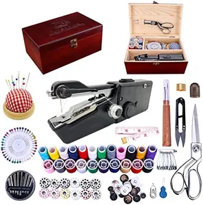 Hand held Sewing Device, Handheld Sewing Machine Heavy duty, Hand Sewing Machine Portable, Wooden Sewing Box with 153 Pcs Sewing Kit