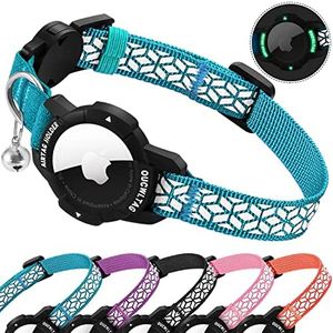 OUCWLTAG AirTag Cat Collar Breakaway, Reflective GPS Cat Collar with Luminous Apple Air Tag Holder, Cat Tracker Collars with Safety Elastic Band for Girl Boy Cats, Kittens and Puppies 7-10 Inch, Blue