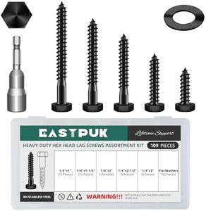EASTPUK 109Pcs 1/4 Hex Head Lag Bolts Screws Assortment Kit, Heavy Duty Lag Screws with Washers, 304 Stainless Steel, 1/4 Bolt for Wood, Fully Thread, Black Oxided with Hex Socket