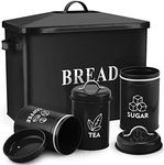 Bread Box with Canister Sets for Kitchen Countertop, E-far Metal Black Bread Bin Storage Container Holder for Modern Farmhouse Decor, Vintage Style & Extra Large - Holds 2+ Loaves Sugar Coffee Tea