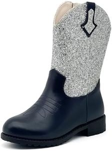 rosyclo Kids Cowboy Boots for Boys Girls, Western Boots Embroidered Faux Leather Cowgirl Wide Width Ankle Boot Round Toe Mid Calf Riding Shoes for Little Big Kid, Silver Navy