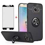 Phone Case for Samsung Galaxy S7 Edge with Tempered Glass Screen Protector Cover Magnetic Stand Ring Holder Accessories Shockproof Silicone Glaxay S7edge S 7 7edge 7s Plus SM-G935F G9350 Girls Black