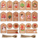 SYTHAK Christmas Paper Gift Tags,100PCS Kraft Gift Tags with String,Hang Labels with Twine Xmas Christmas Trees Reindeer Snowman Snowflake for DIY Label Package Present Wrap Decorations