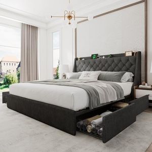 Einhomn Upholstered King Size Bed Frame with 4 Storage Drawers, Platform Bed Frame with Wingback Headboard, Charging Station, No Box Spring Needed, Dark Grey