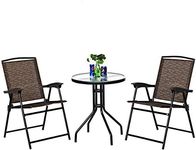 Goplus Patio Bistro Set, 3-Piece Patio Dining Furniture Set with Round Tempered Glass Table, 2 Foldable Chairs, Small Outdoor Folding Chairs & Table Set for Porch Garden Pool Yard