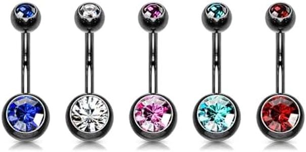 FIFTH CUE 14GA Black Titanium IP 316L Double CZ Barbell Belly Ring (5pc BLACK PACK (Blue, Clear, Pink, Aqua, Red))