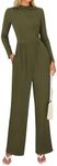 BTFBM Jumpsuits For Women Dressy Long Sleeve Wide Pants Rompers Mock Neck Ruched 2025 Casual Spring One Piece Jumpsuit(Solid Army Green, X-Large)