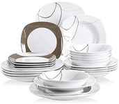 VEWEET 'Nikita' 24-Piece Dinner Set Ivory White Porcelain Brown Lines Combination Sets Kitchen China Tableware Set with Bowls Dessert Plates Soup Plates Dinner Plates Service for 6