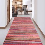 Second Nature Online Festival Long Eco Friendly Multi Colour Stripe Fringed Rag Rug Runner Hand Woven with Recycled Fabric Strips 60 cm x 300 cm