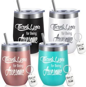 Thank You Gifts Inspirational Appreciation Keychain Thank You Appreciation Gifts, Wine Tumbler with Lid and Straw Being Awesome Wine Tumbler for Women Man, 12 oz(Multicolor,4 Sets)