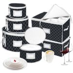 VERONLY China Dinnerware Storage Containers Set- Dish,Mug,Stemware Storage Cases - Quilted Box Bins Stackable with Divider,handles,Clear Window for Cups,Plates,Wine Glasses Moving Set of 6 (Black)