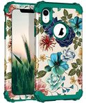 Hocase for iPhone XR Case, Heavy Duty Shockproof Protection Soft Silicone Rubber+Hard Plastic Bumper Hybrid Dual Layer Protective Case for iPhone XR (6.1-inch Display) 2018 - Teal Flowers