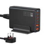 200W 6-Port USB Charging Station, PD 100W 65W 45W 20W 18W USB C GaN III Charger Laptop & Phone Fast Charger Plug, Compatible with MacBook Pro/Air,Dell XPS, iPhone 15/16/14/ Pro, iPads, Steam Deck