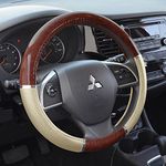 BDK Dark Wood Grain Car Steering Wheel Cover, Standard 15 inch with Beige Faux Leather Grip, Made to Fit Most Auto Truck Van SUV