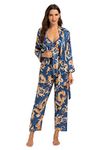 Escalier Women's Silk Satin Pajamas Set 3 Pcs Floral Silky Pj Sets Sleepwear Cami Nightwear with Robe and Pant, Navy, X-Large